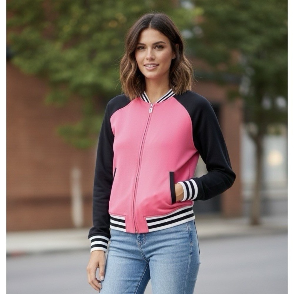 Juicy Couture Women Pink Black Varsity Bomber Jacket Full Zip Logo Large‎